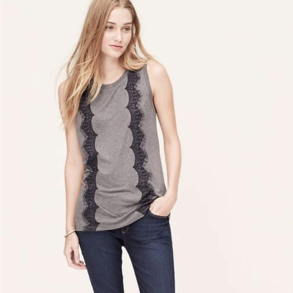 LOFT Eyelash Lace Trim Shell Gray Tank Top with Black Lace Detail Size XS NWT